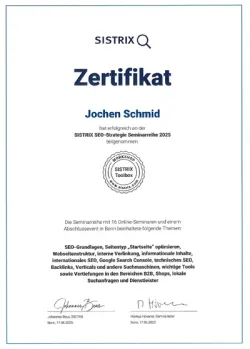 SEO für Onlineshops Zertifikat 2025, Jochen Schmid