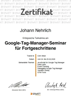 Google Tag Manager Fortgeschritten Zertifikat 2026, Johann Nehrlich