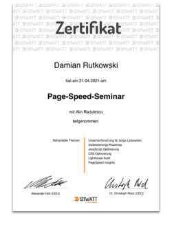 Google Page-Speed Zertifikat 2021, Damian Rutkowski