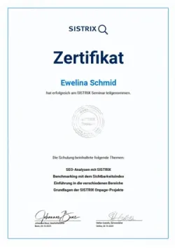 Sistrix SEO Zertifikat 2024, Ewelina Schmid
