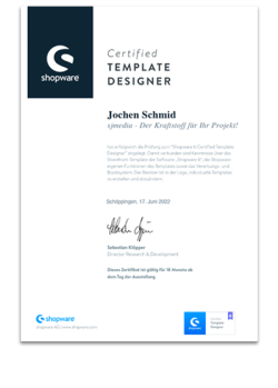 Shopware 6 Template Designer Zertifikat 2022, Jochen Schmid