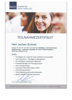 Usability und Conversion-Optimierung Zertifikat 2017, Jochen Schmid