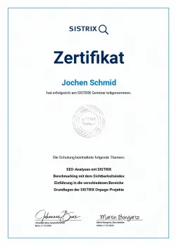 Sistrix SEO Zertifikat 2024, Jochen Schmid