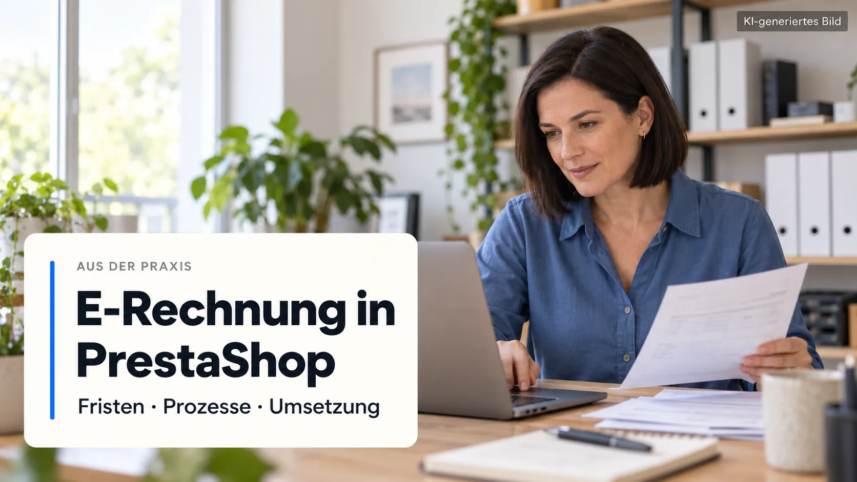 KI-generierte Illustration: E-Rechnung in PrestaShop – Fristen, Prozesse und Umsetzung.