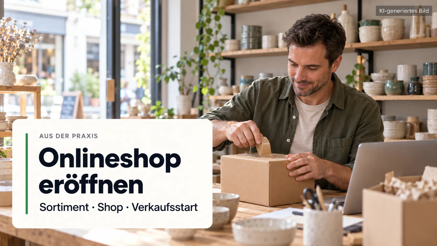 KI-generierte Illustration: Onlineshop eröffnen – Sortiment, Shop und Verkaufsstart.