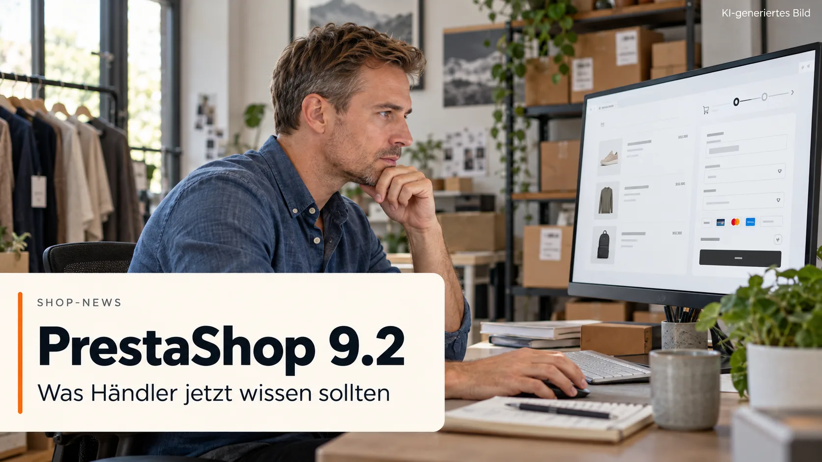 KI-generierte Arbeitsszene eines Händlers am Computer mit Titelkarte PrestaShop 9.2.