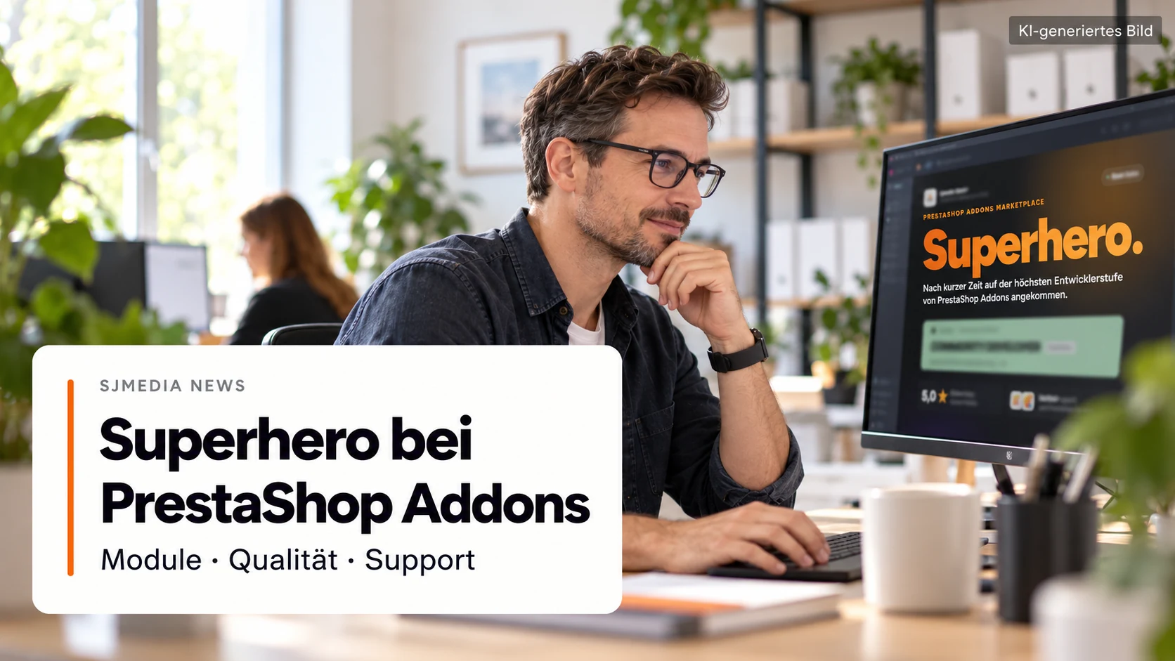 KI-generierte Entwicklerszene mit Titelkarte Superhero bei PrestaShop Addons.