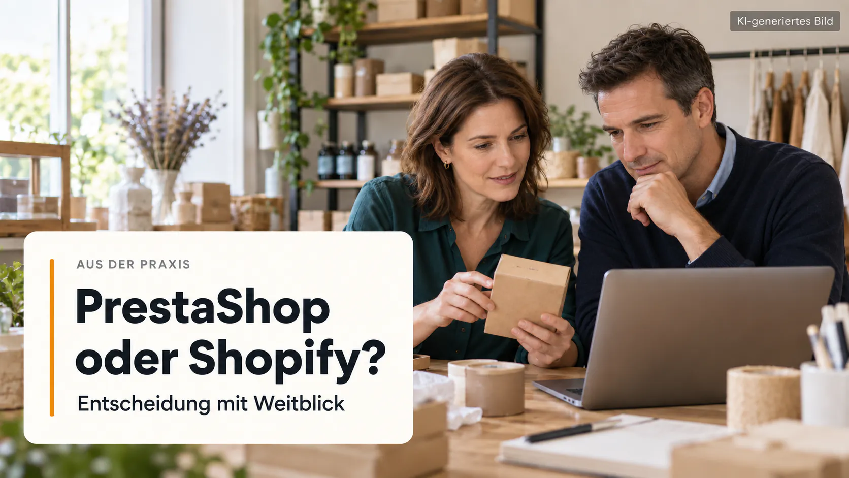 KI-generierte Illustration: PrestaShop oder Shopify – Entscheidung mit Weitblick.