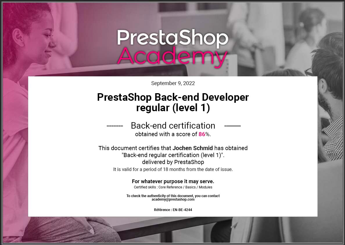 PrestaShop Developer Zertifizierung von Jochen Schmid