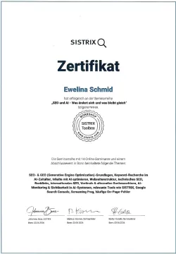 GEO- und KI-SEO-Zertifikat von Ewelina Schmid