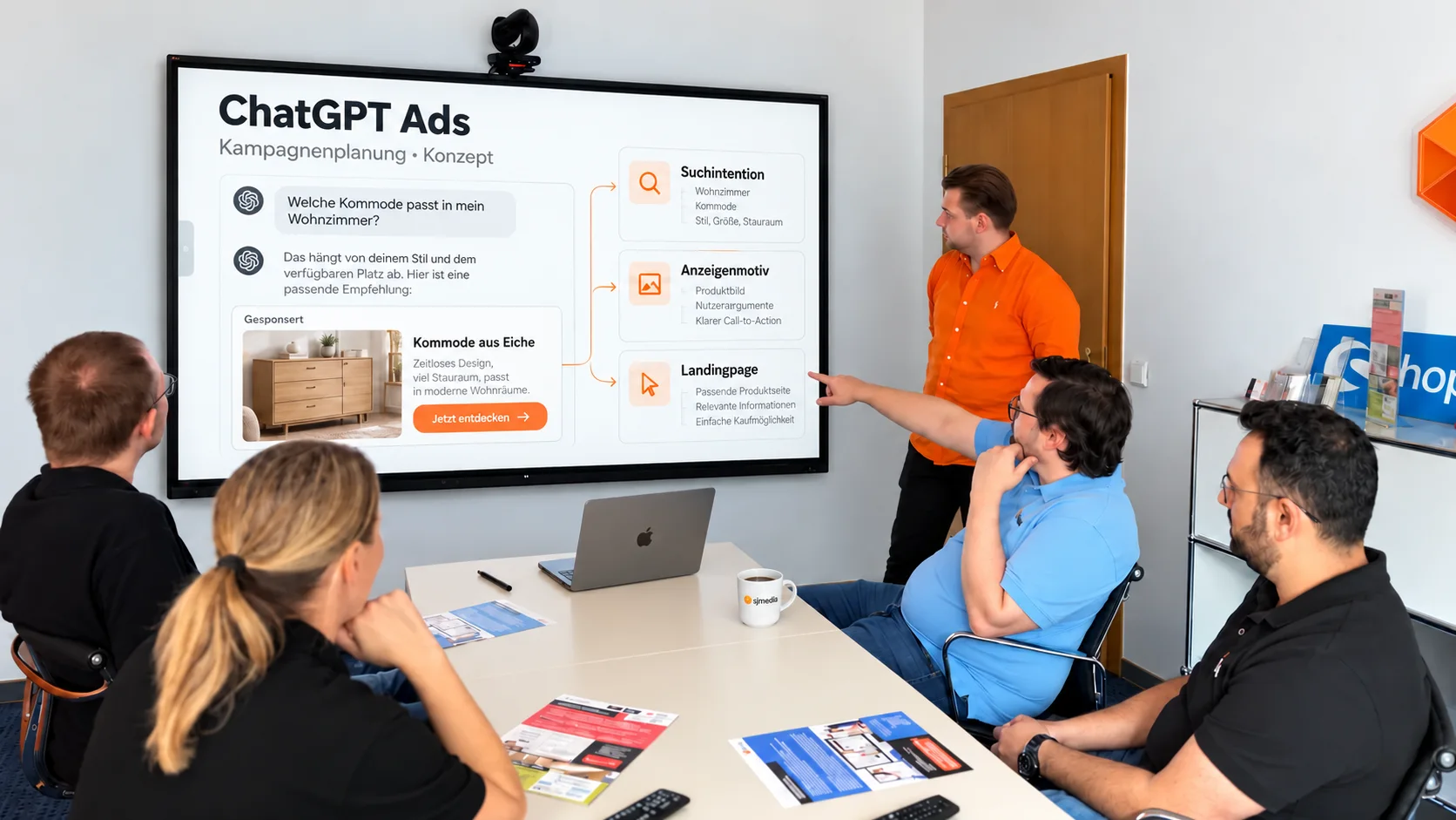 The sjmedia team plans ChatGPT advertising using an ad concept on a large screen