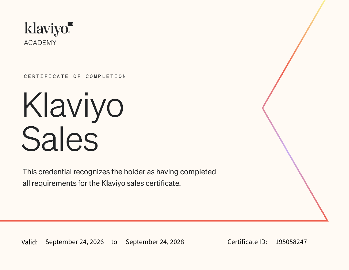 Klaviyo Academy Urkunde für Sales, gültig bis 24. September 2028