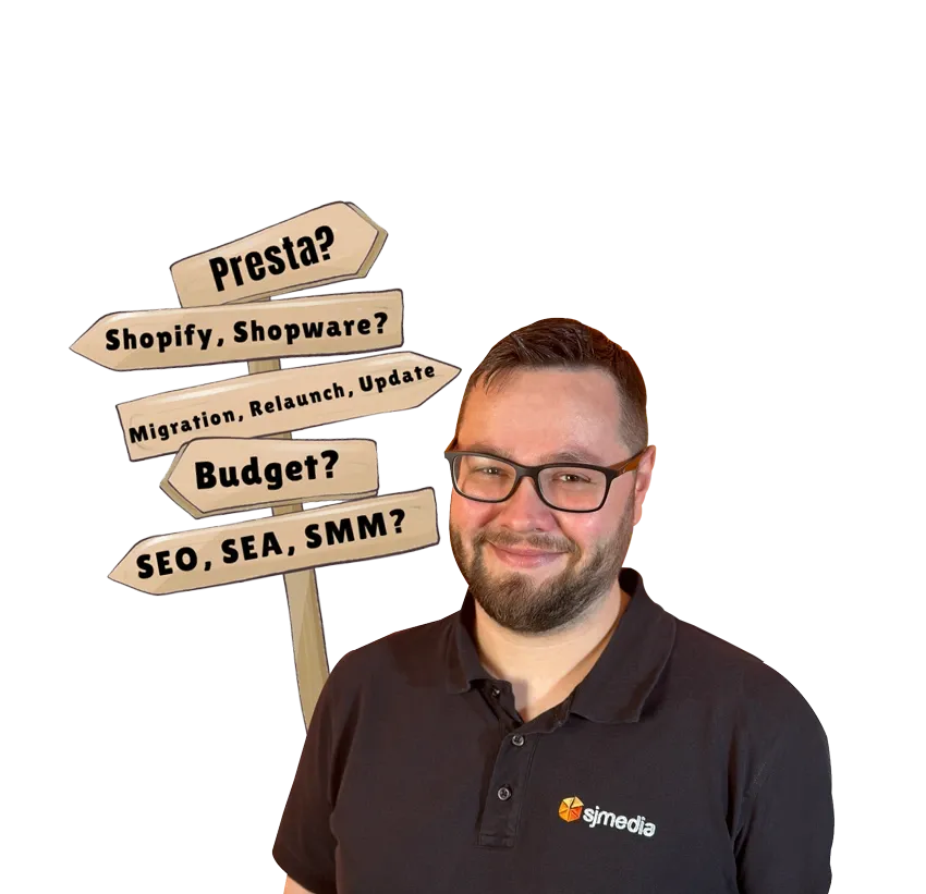 Johann Nehrlich mit Wegweiser zu E-Commerce-Themen