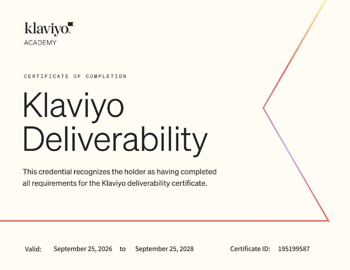 Klaviyo Academy Urkunde für Deliverability, gültig bis 25. September 2028