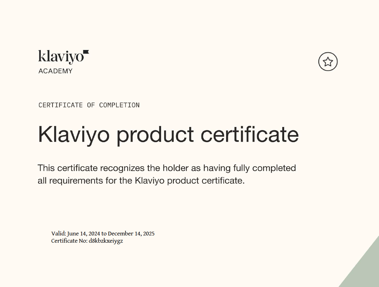 Klaviyo Produkt-Zertifikat von Jochen Schmid