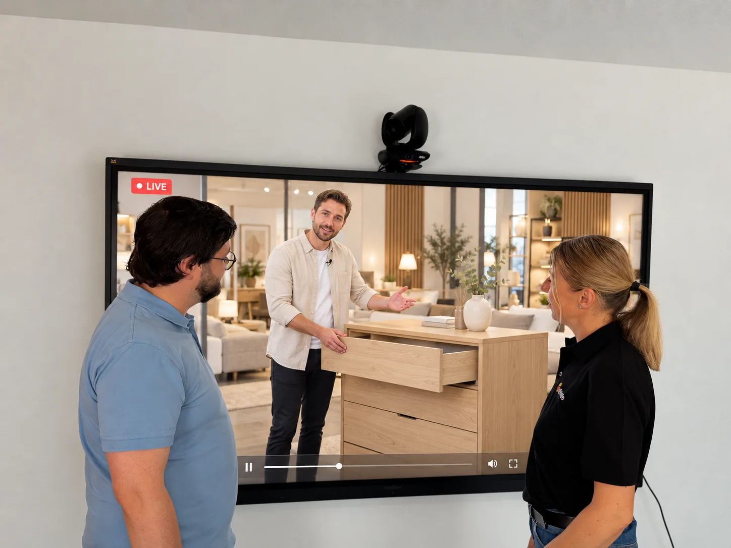 Zwei sjmedia-Mitarbeiter vor einer beispielhaften Live-Shopping-Präsentation einer Kommode