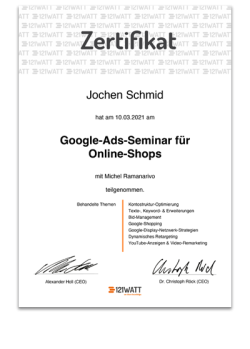 Google-Ads- und Shopping-Zertifikat von Jochen Schmid