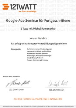 Google-Ads-Zertifikat von Johann Nehrlich