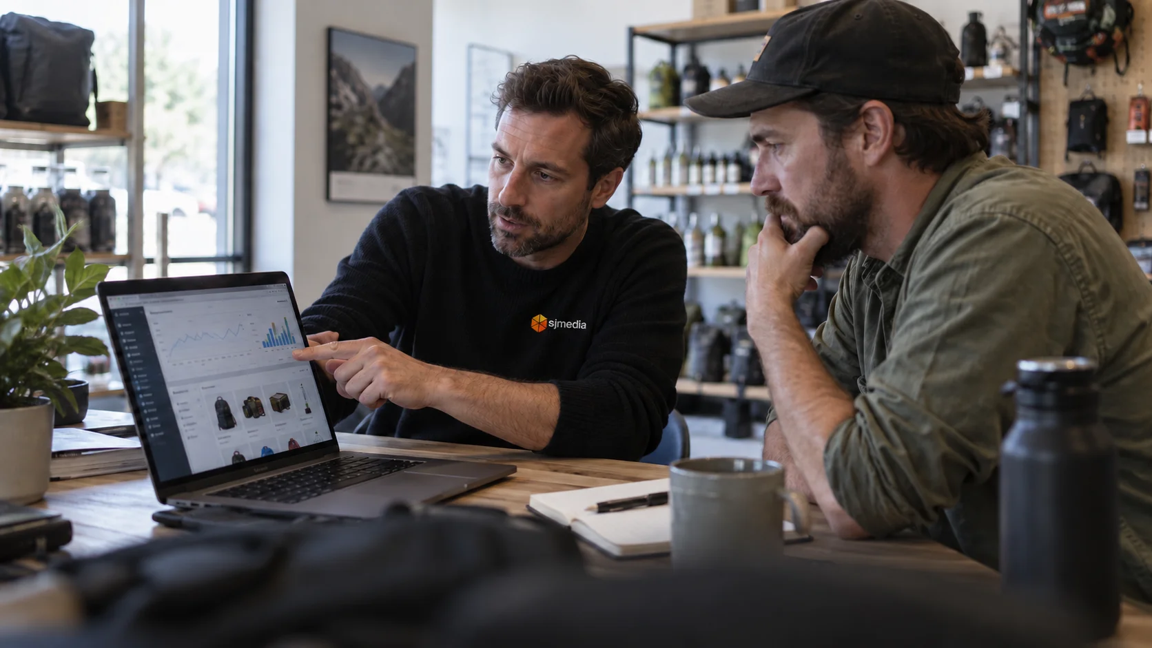 Zwei Personen analysieren gemeinsam die Sichtbarkeits- und Leistungsdaten eines Onlineshops