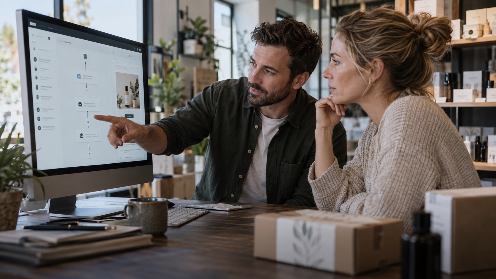 CRM-Berater und Onlinehändlerin planen automatisierte E-Mail- und SMS-Kundenansprache