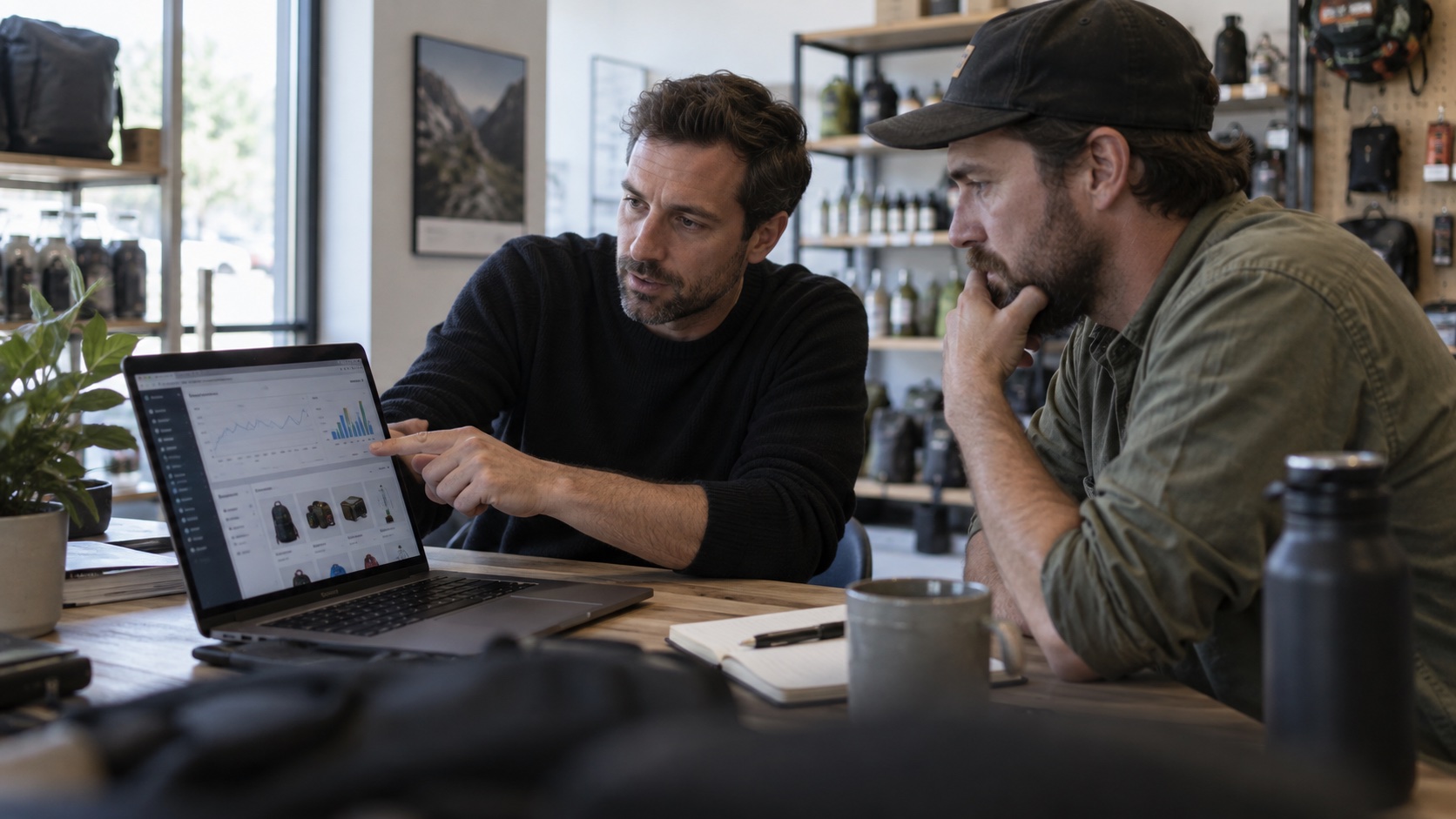 SEO-Berater und Onlinehändler prüfen Suchdaten und Produktseiten am Bildschirm