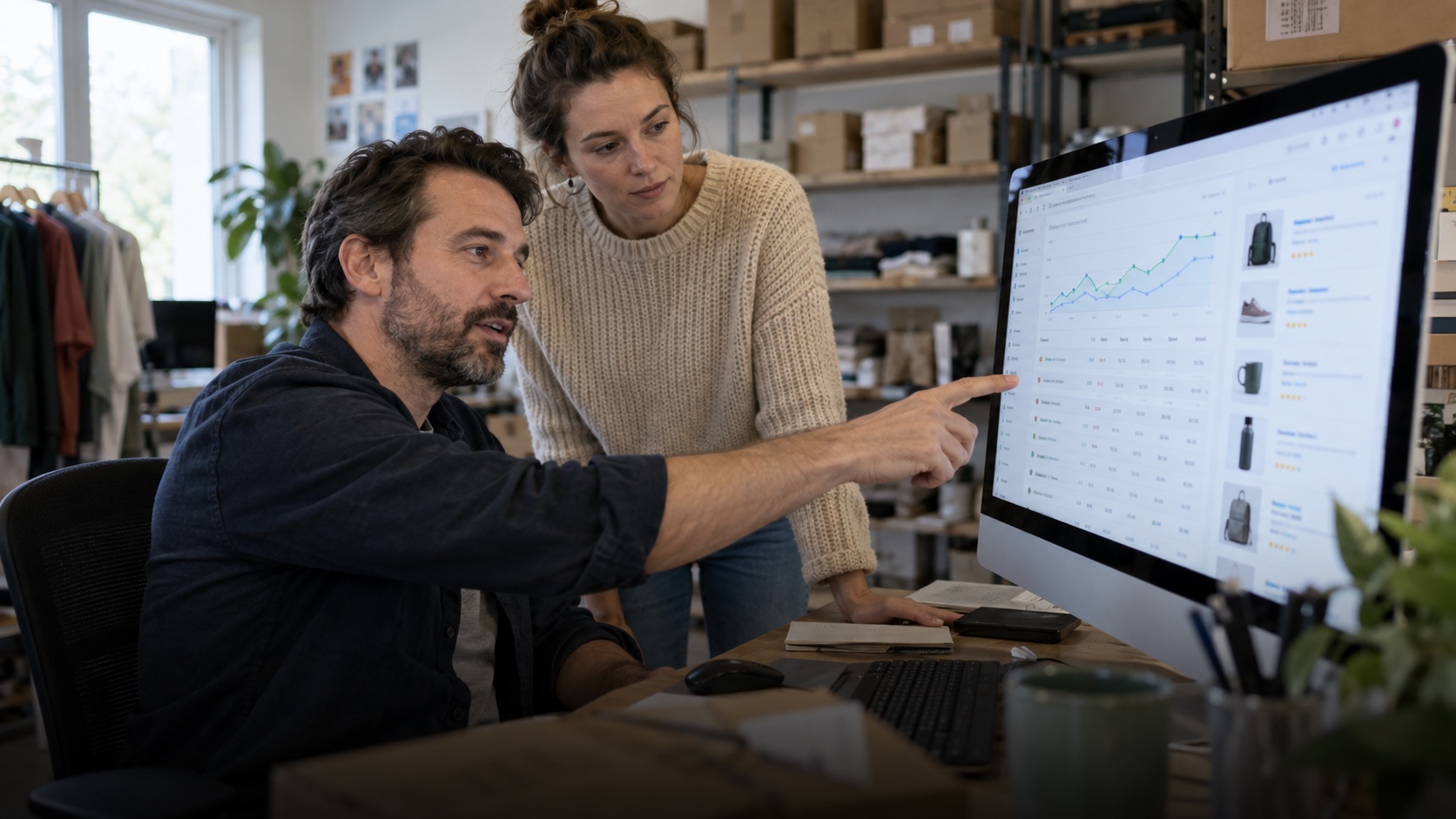 Performance-Marketer und Onlinehändlerin analysieren Anzeigenkampagnen und Werbebudget