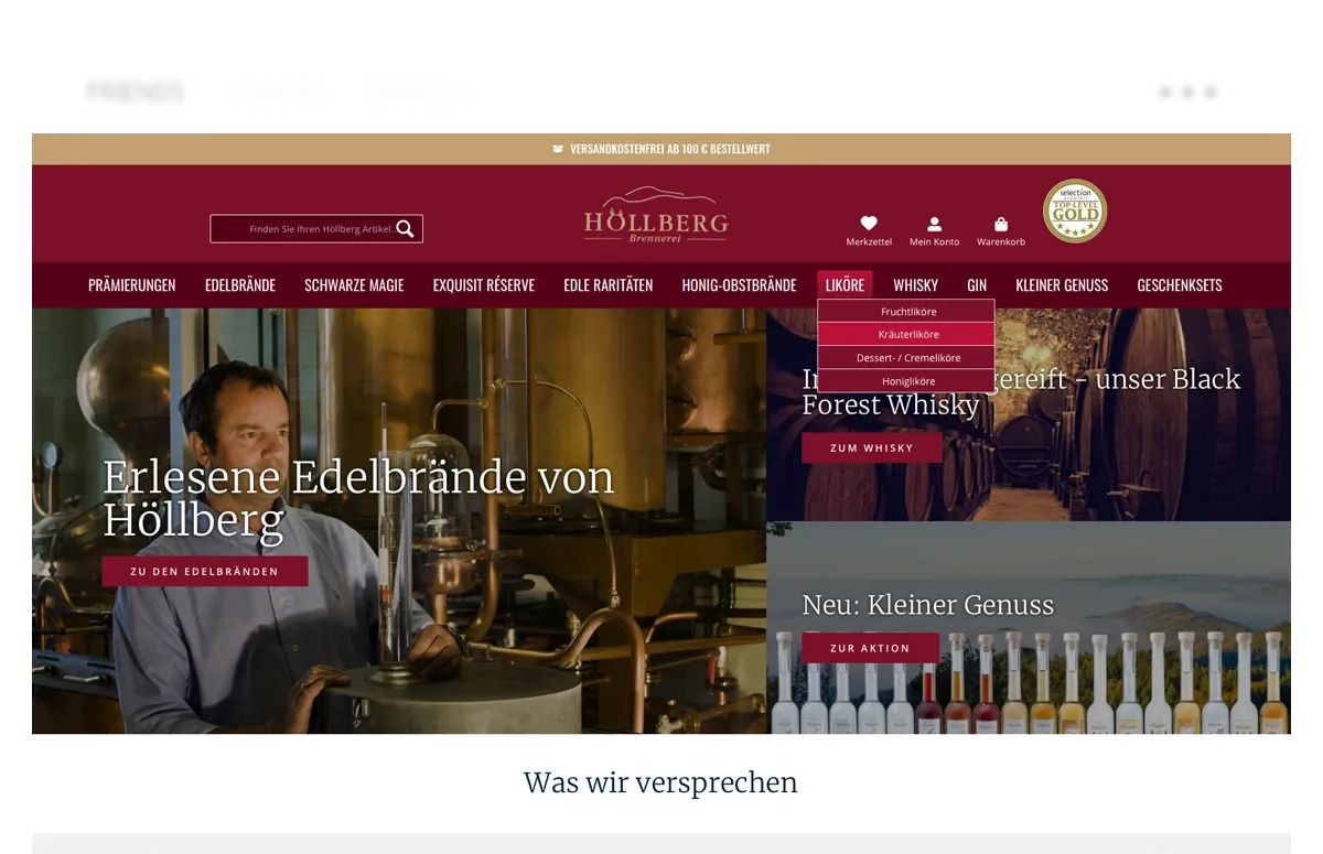 Von Shopware 5 zu PrestaShop migrierter Shop der Brennerei Höllberg