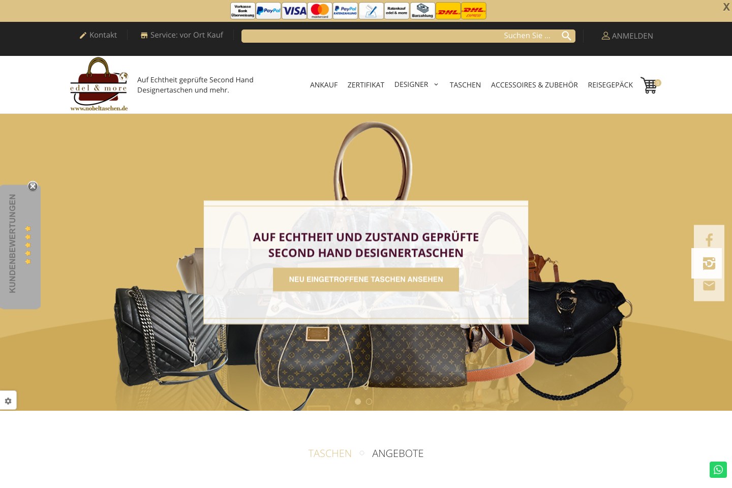 Screenshot der aktuellen Website von edel & more - nobeltaschen