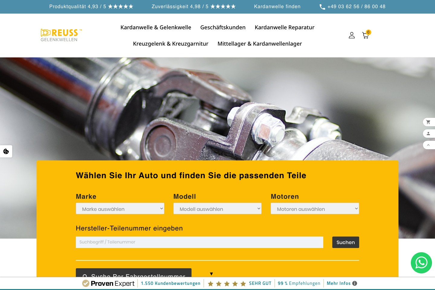Screenshot des Onlineshops von REUSS Gelenkwellen GmbH
