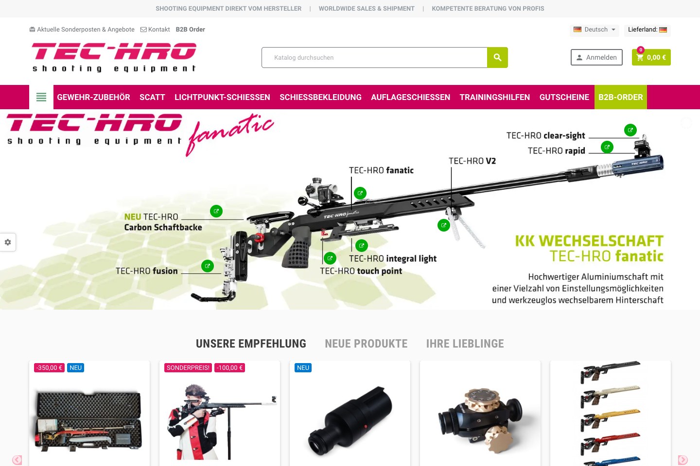 Screenshot des Onlineshops von TEC-HRO