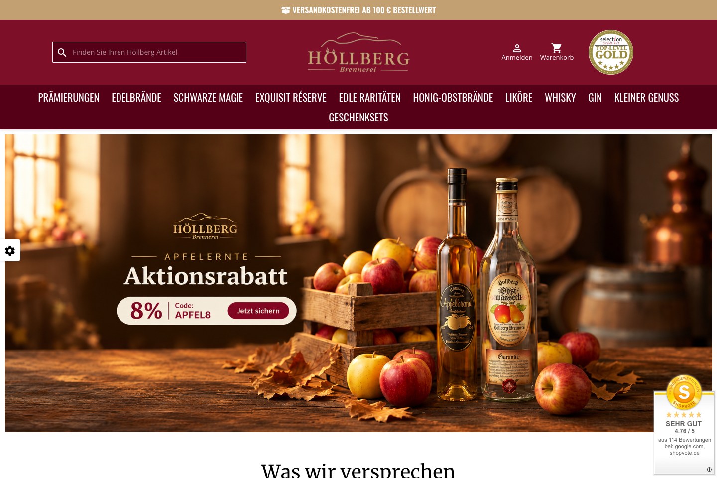 Screenshot der aktuellen Website von Brennerei Höllberg