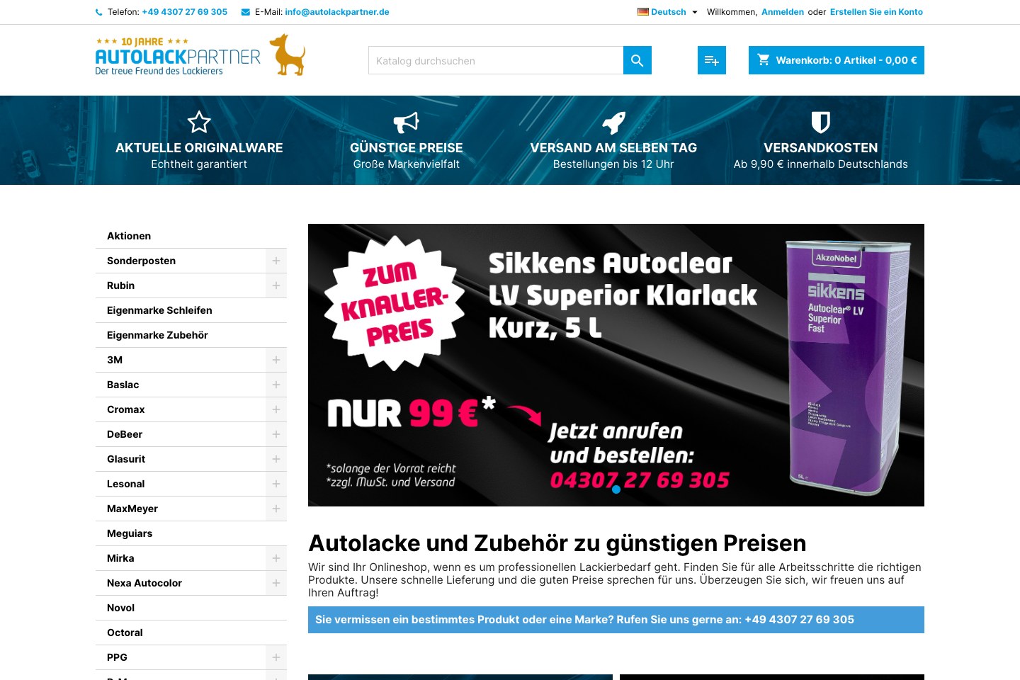 Screenshot des Onlineshops von Autolackpartner