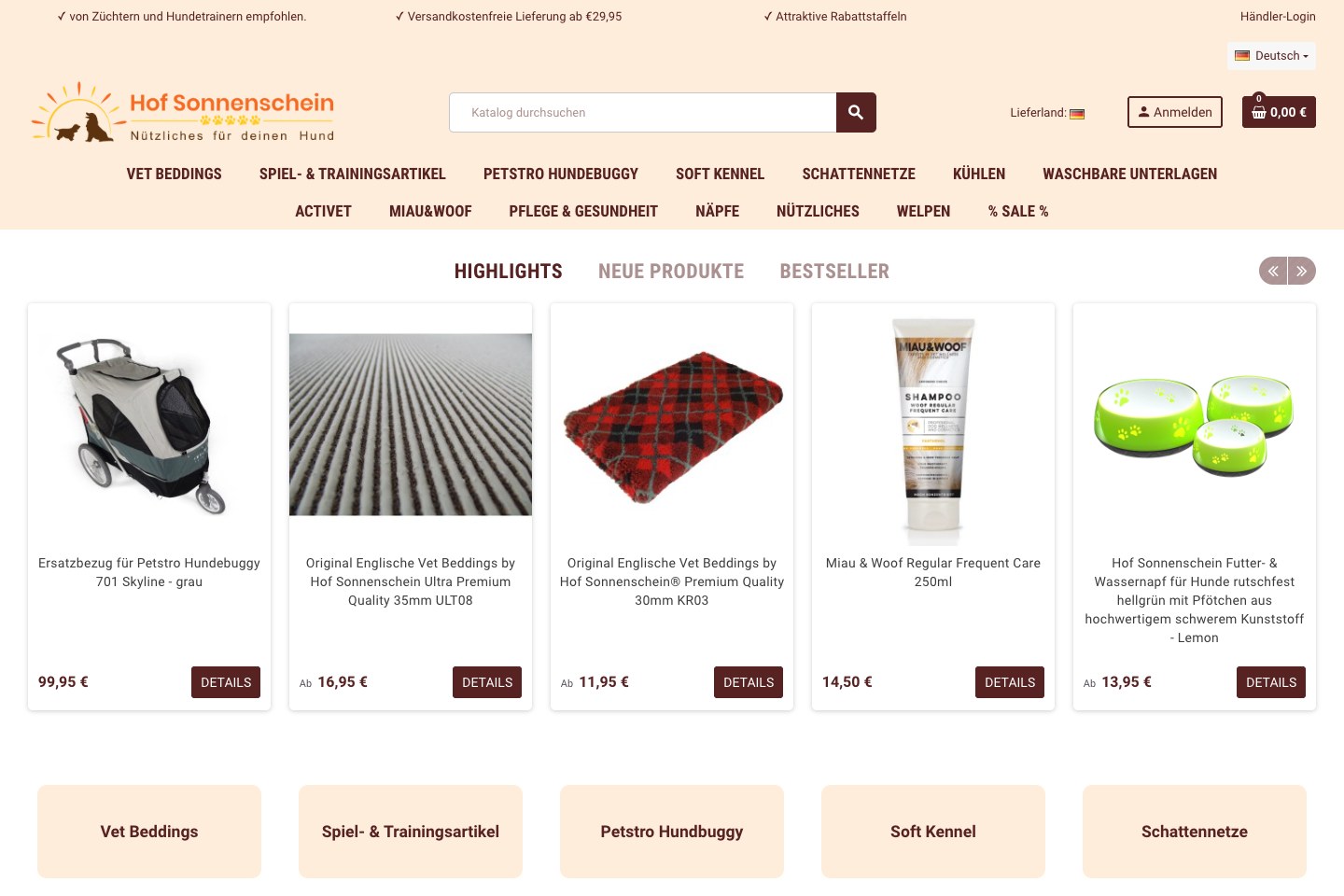 Screenshot des Onlineshops von Hof Sonnenschein
