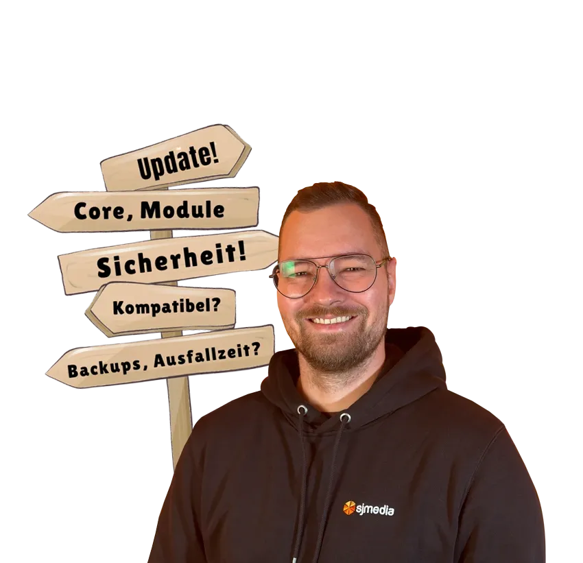 Attila Tóth vor Wegweisern zu Updates, Modulen, Sicherheit, Kompatibilität und Backups