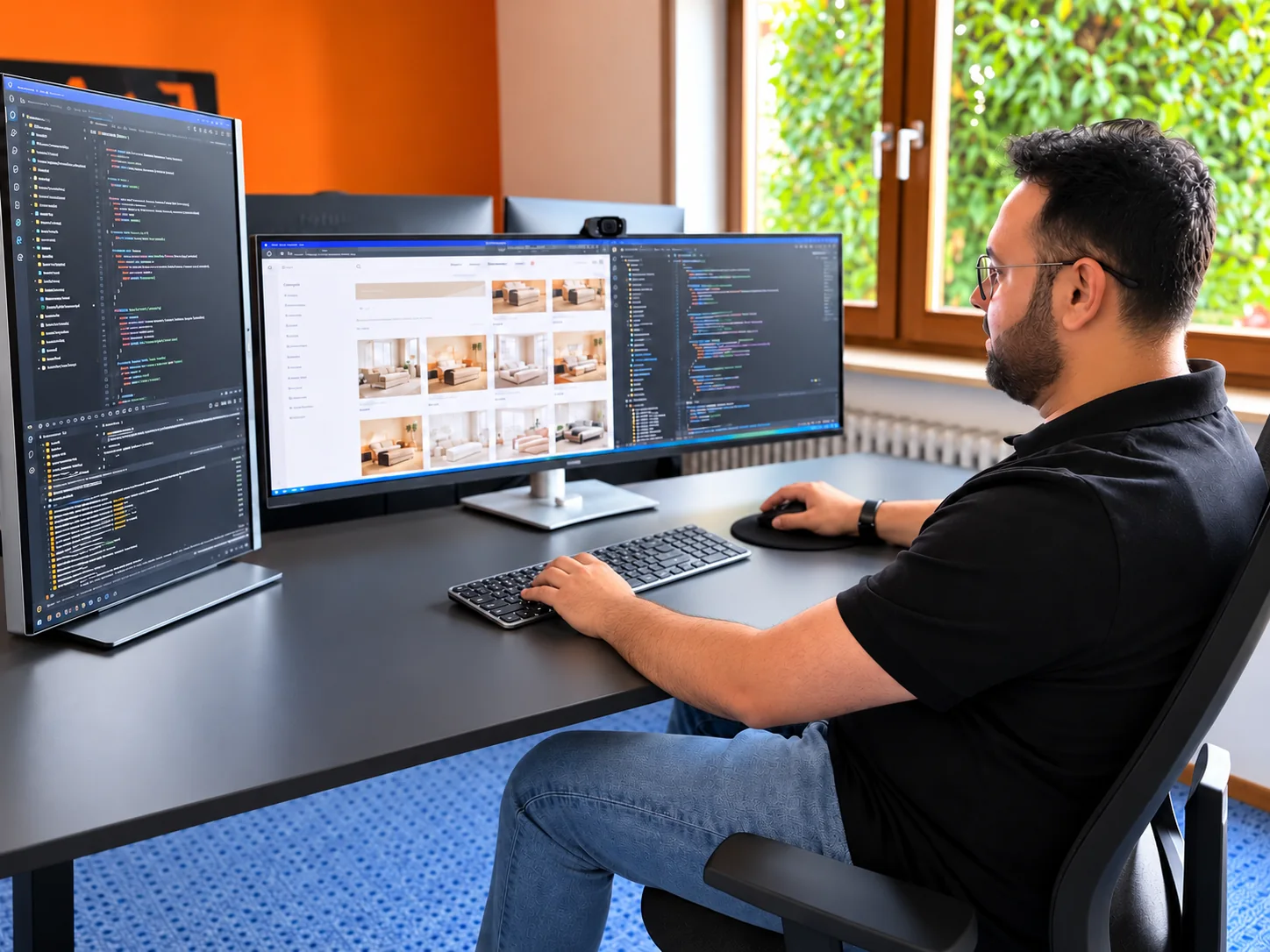 sjmedia-Mitarbeiter bei der technischen Betreuung eines Onlineshops am Arbeitsplatz