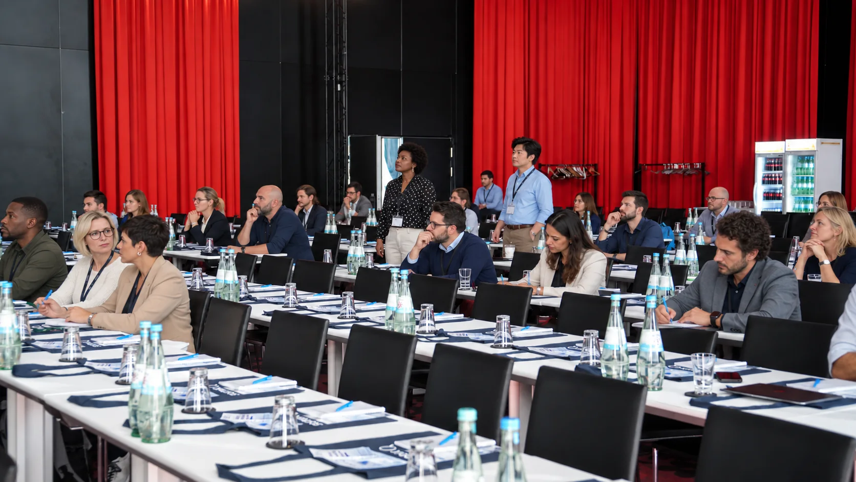 A seminar room with red curtains and fictional participants – AI-edited photograph