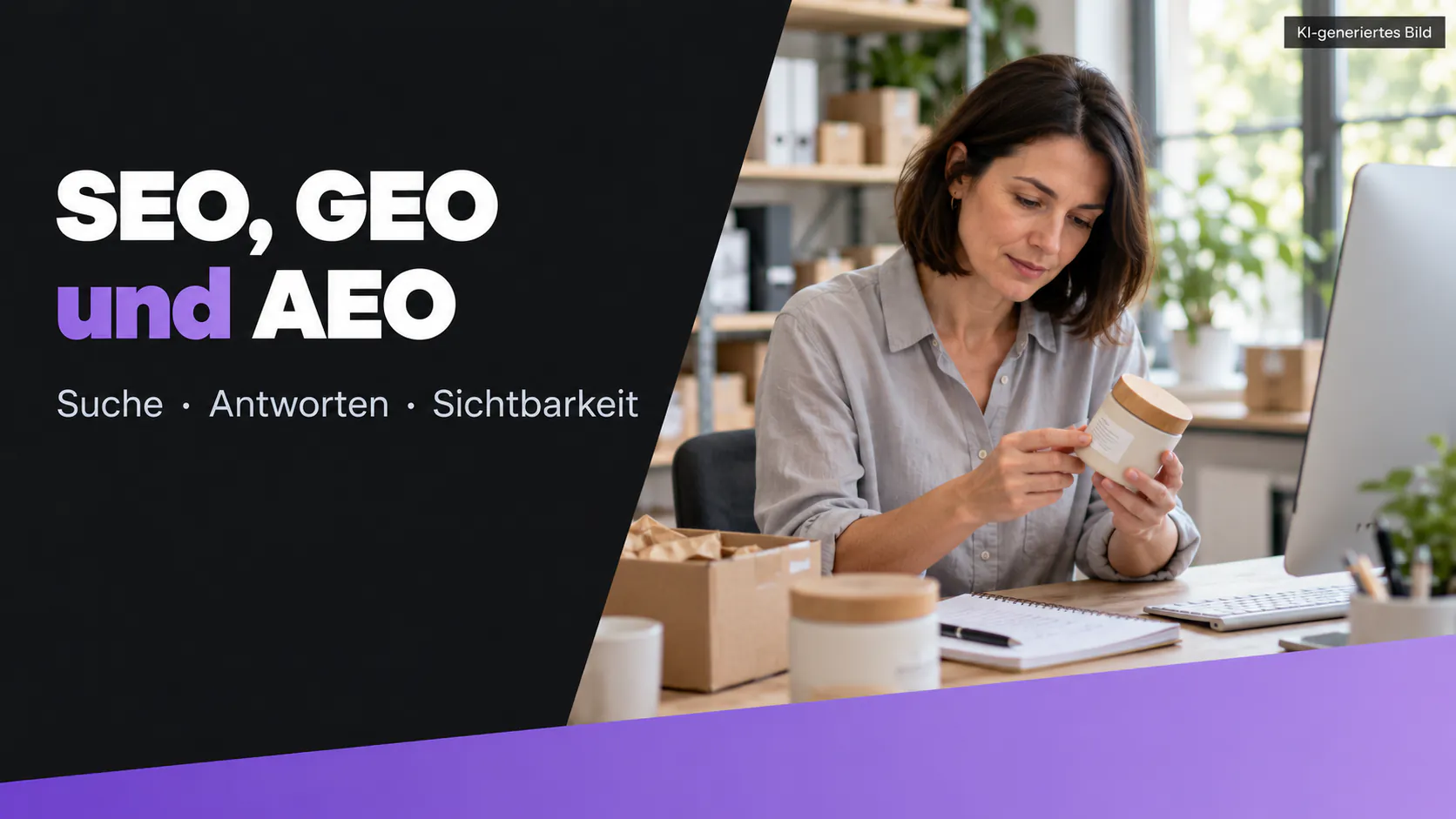 AI-generated article graphic explaining SEO, GEO and AEO: search, answers and visibility.