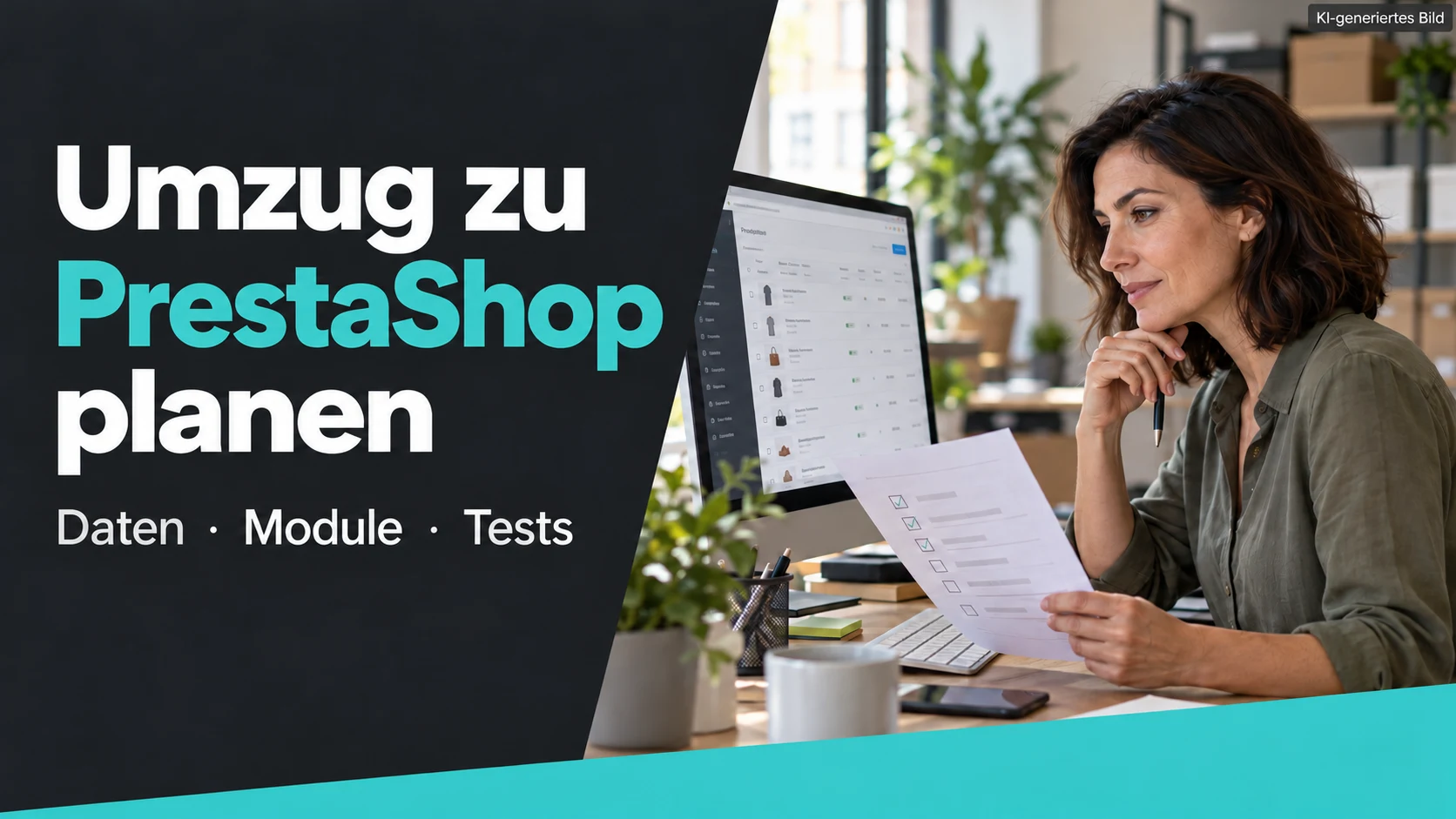 KI-generierte Szene: Eine etwa 39-jährige Händlerin prüft Daten und eine Checkliste am Computer. Bildtitel: Umzug zu PrestaShop planen.