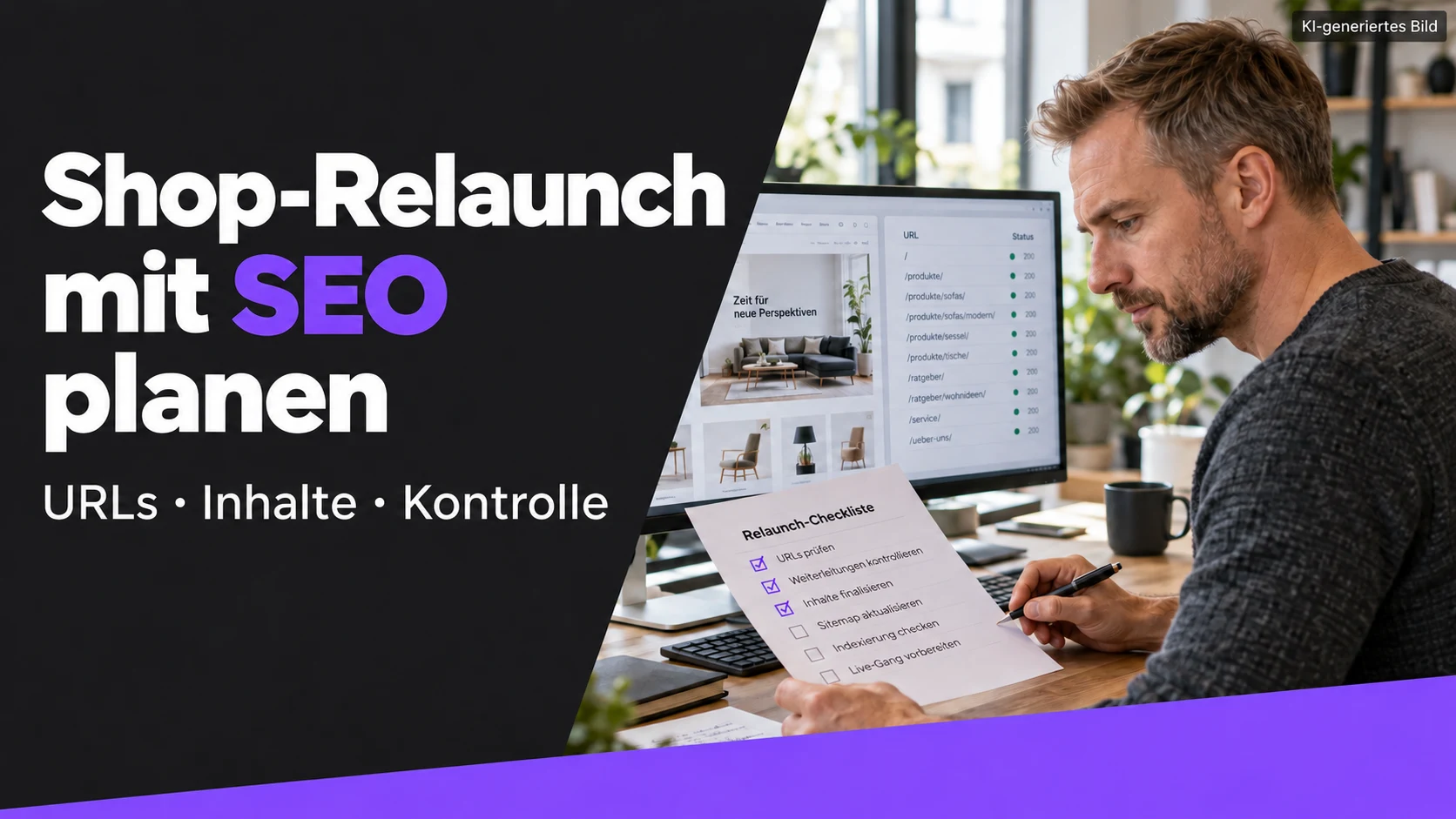 KI-generierte Szene: Ein etwa 43-jähriger Händler kontrolliert URLs und eine Relaunch-Checkliste. Bildtitel: Shop-Relaunch mit SEO planen.