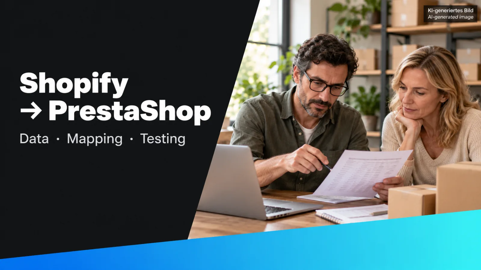 KI-generierte Grafik: Shopify-Daten nach PrestaShop übernehmen