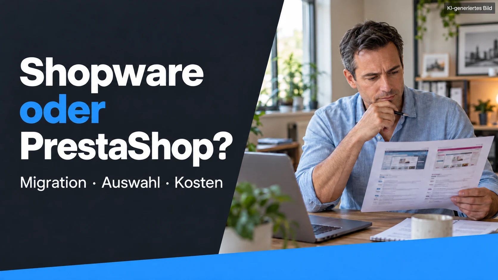 KI-generierte Szene: Ein etwa 40-jähriger Händler prüft einen Systemvergleich. Bildtitel: Shopware oder PrestaShop?