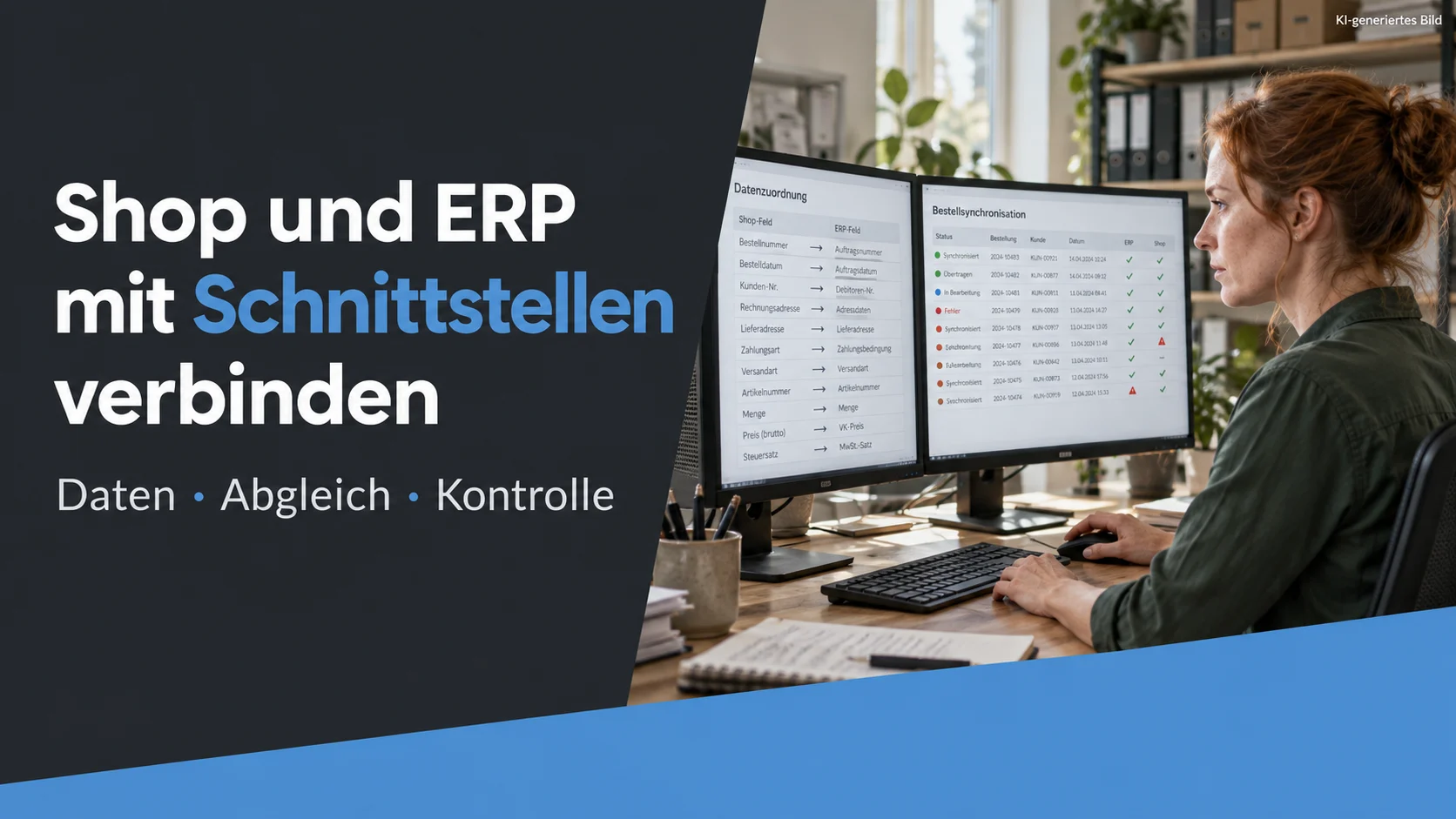 Shop und ERP mit Schnittstellen verbinden: Eine Fachkraft prüft Datenzuordnung und Bestellabgleich. KI-generierte Beitragsgrafik.