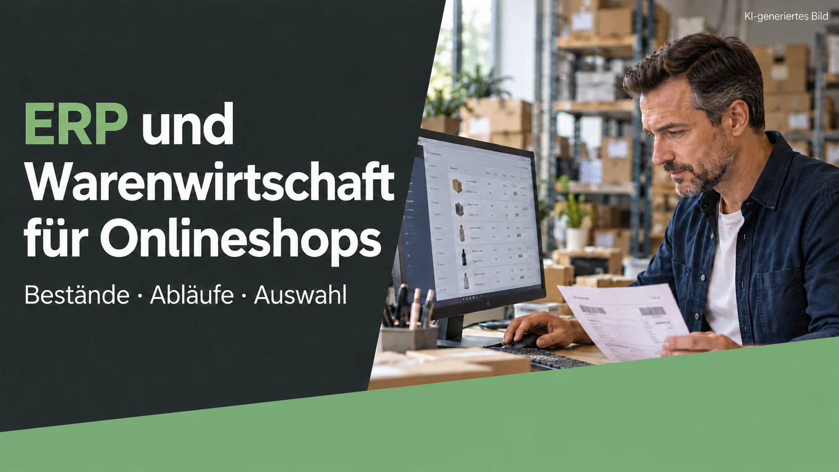 ERP und Warenwirtschaft für Onlineshops: Ein Händler prüft Bestände und einen Lieferbeleg. KI-generierte Beitragsgrafik.