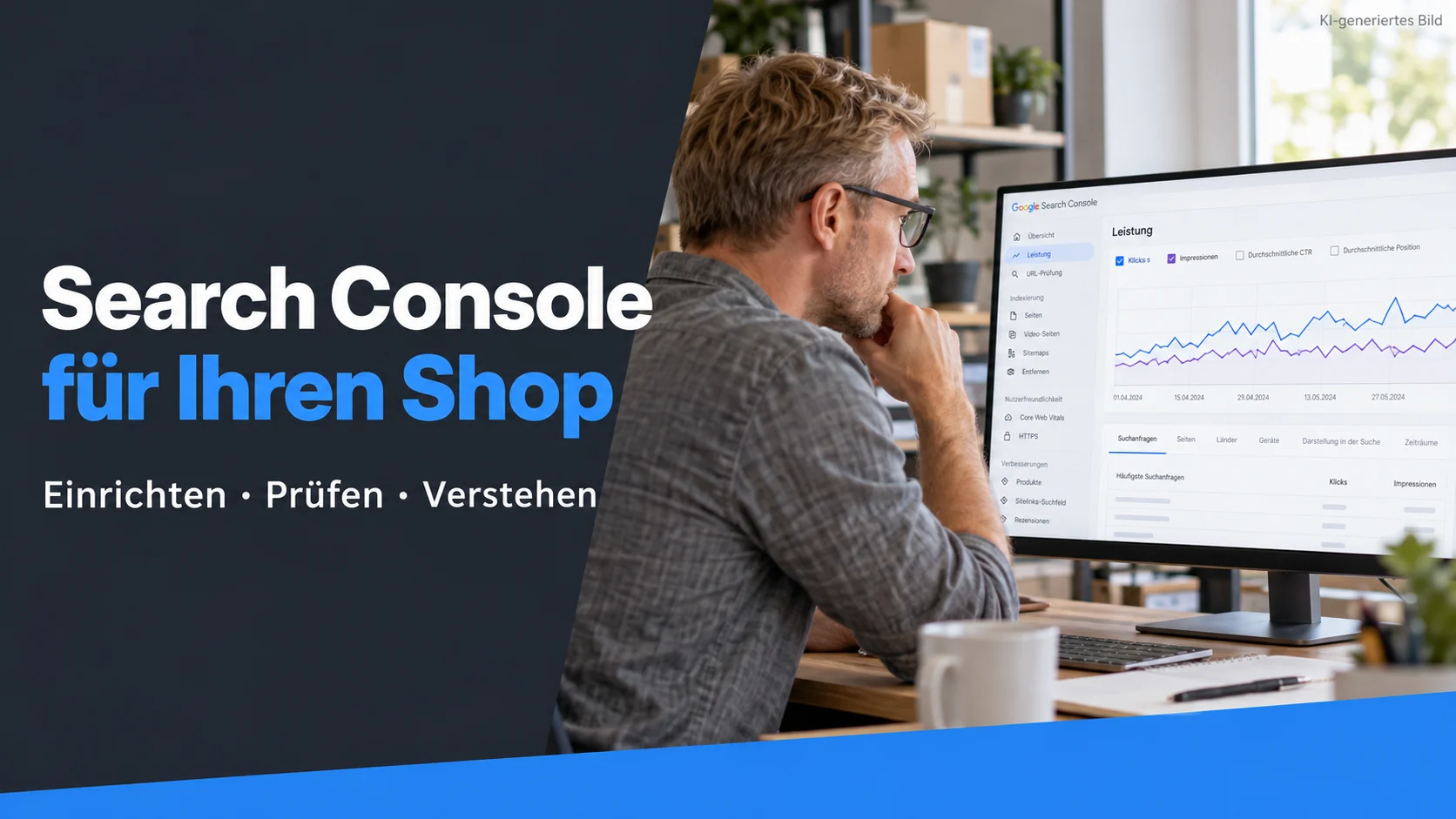 KI-generierte Beitragsgrafik: Ein Händler prüft Suchdaten am Monitor. Search Console für Ihren Shop – Einrichten, Prüfen, Verstehen.