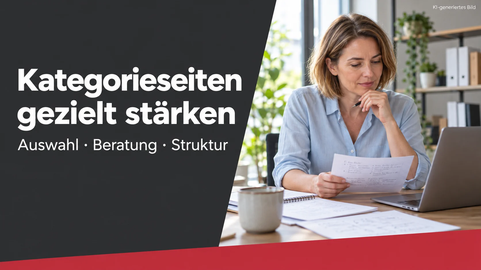 KI-generierte Beitragsgrafik: Eine etwa 38-jährige Frau prüft im Büro Notizen neben einem Laptop. Kategorieseiten gezielt stärken.