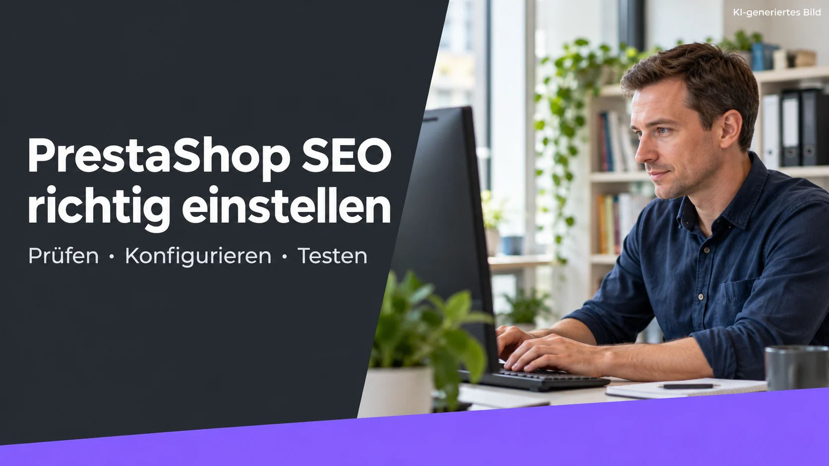 KI-generierte Beitragsgrafik: Ein etwa 37-jähriger Mann arbeitet im Büro am Monitor. PrestaShop SEO richtig einstellen.