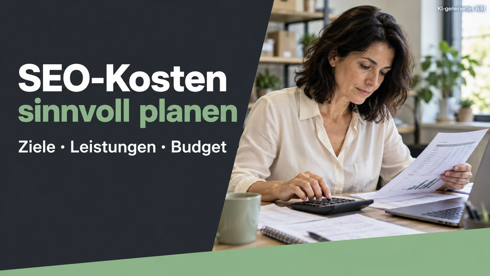 KI-generierte Beitragsgrafik: Eine Händlerin prüft eine Budgetplanung am Schreibtisch. SEO-Kosten sinnvoll planen – Ziele, Leistungen, Budget.