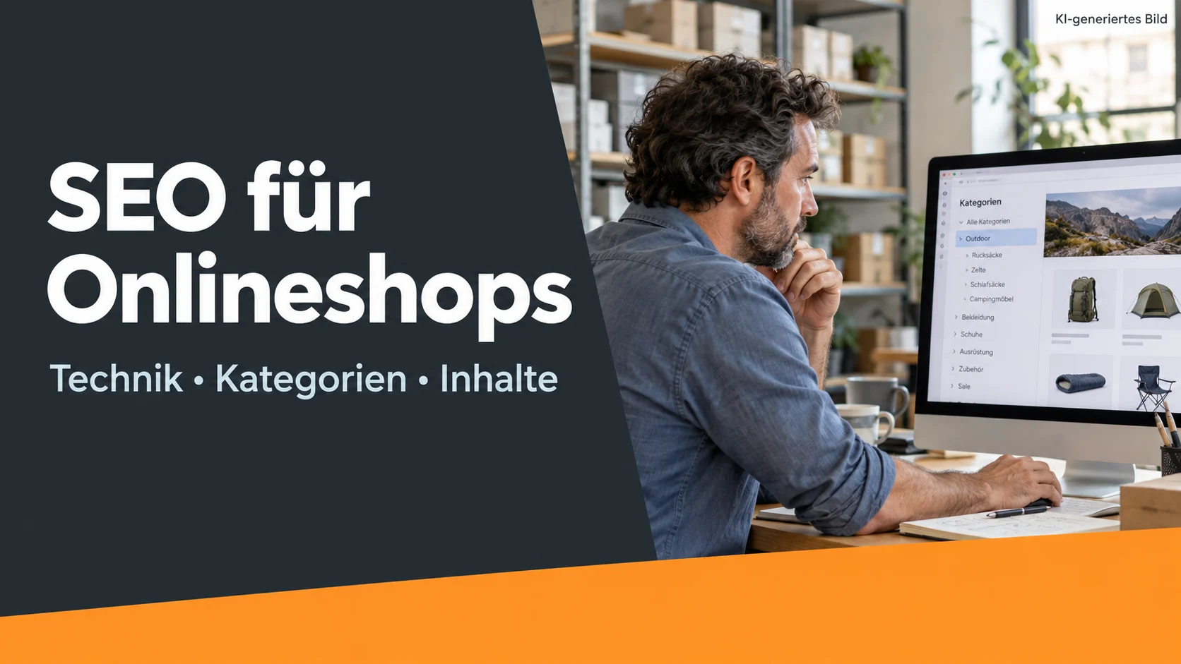 KI-generierte Beitragsgrafik: Ein E-Commerce-Spezialist prüft Kategorien am Monitor. SEO für Onlineshops – Technik, Kategorien, Inhalte.