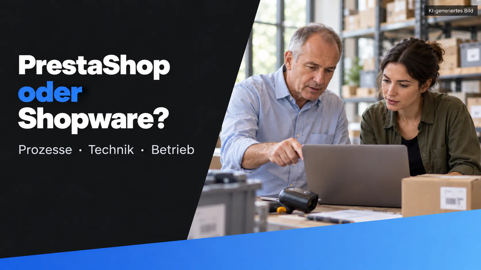 AI-generated article illustration comparing PrestaShop and Shopware for an online store.