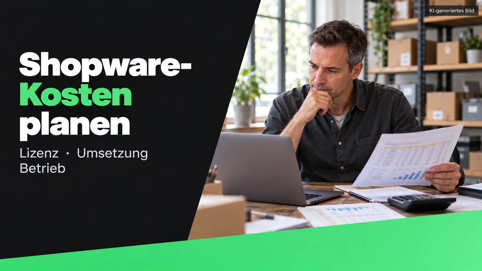 Shopware-Kosten planen: Lizenz, Umsetzung und Betrieb. KI-generierte Arbeitsszene bei der Budgetplanung.